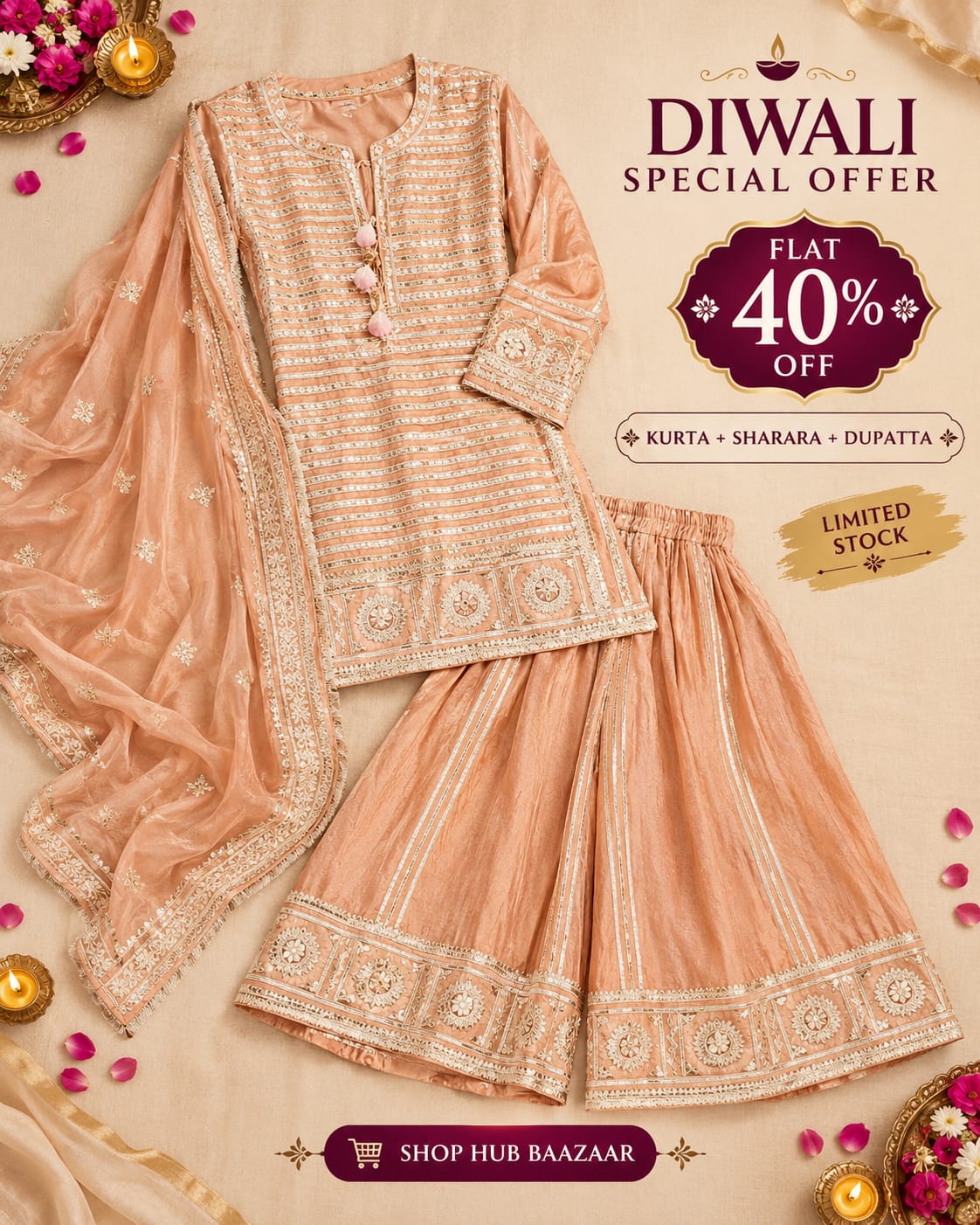 Peach Elegance Gota Patti Embroidered Sharara Set For Women| Diwali Special Offer Flat 40%