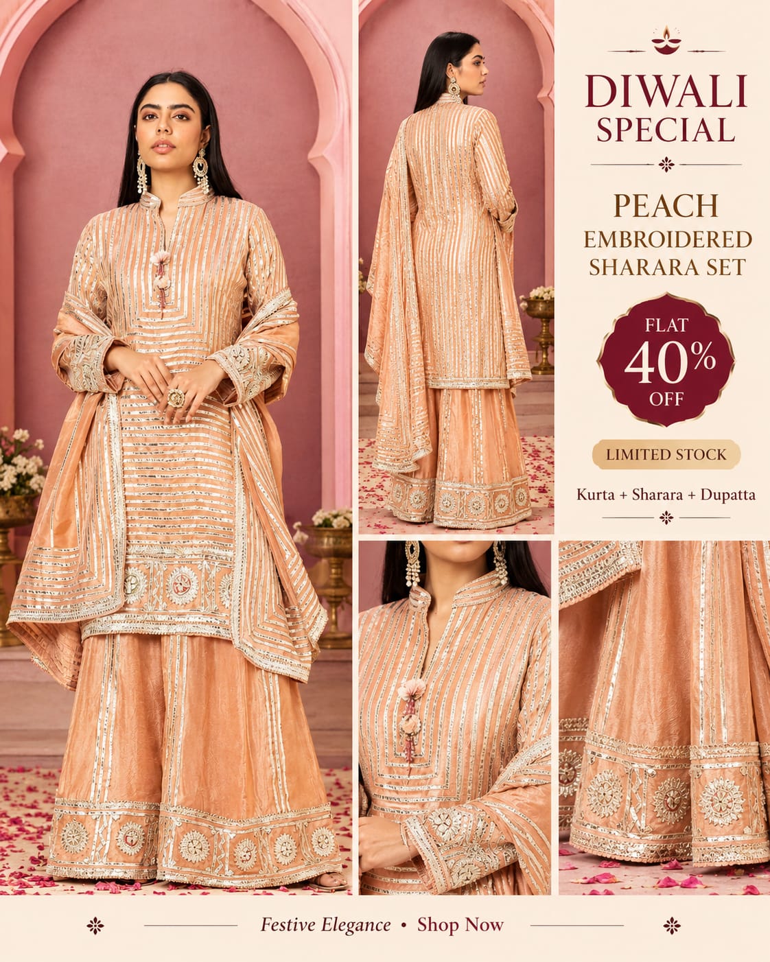 Peach Elegance Gota Patti Embroidered Sharara Set For Women| Diwali Special Offer Flat 40%