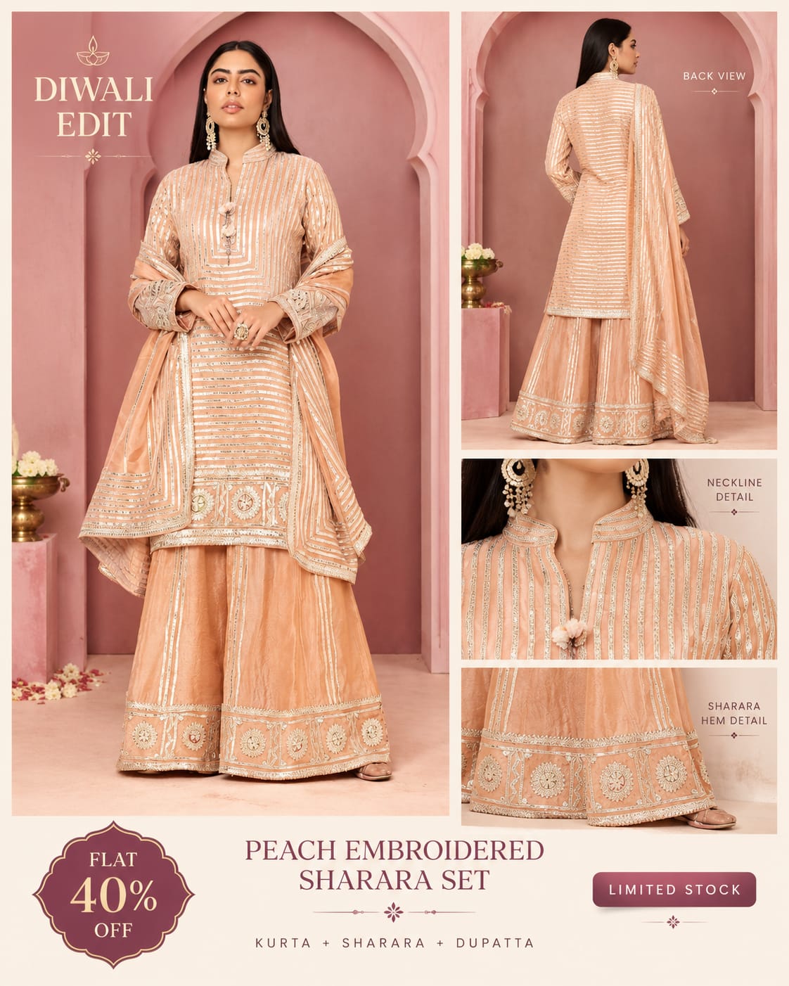 Peach Elegance Gota Patti Embroidered Sharara Set For Women| Diwali Special Offer Flat 40%