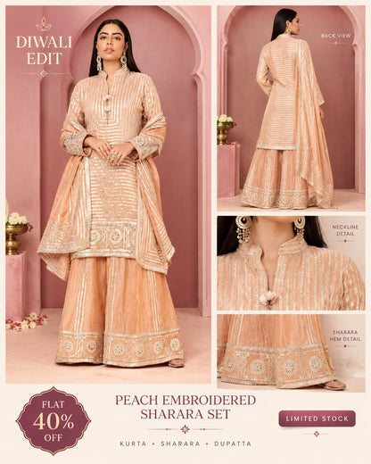 Peach Elegance Gota Patti Embroidered Sharara Set For Women| Diwali Special Offer Flat 40%