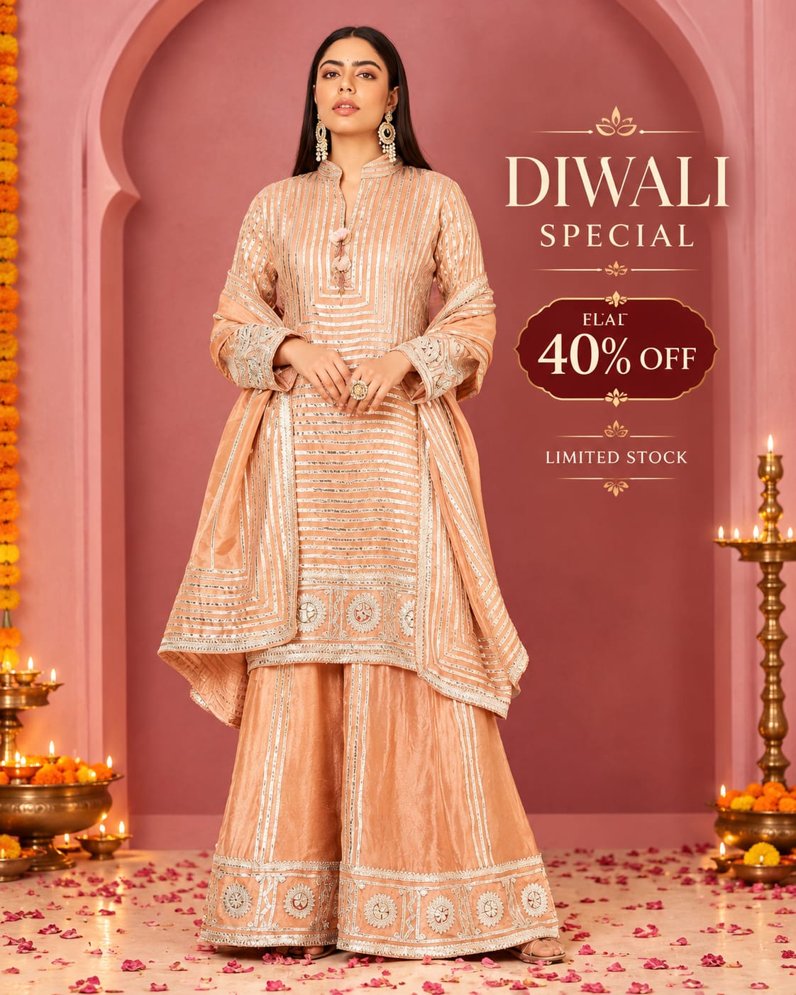 Peach Elegance Gota Patti Embroidered Sharara Set For Women| Diwali Special Offer Flat 40%