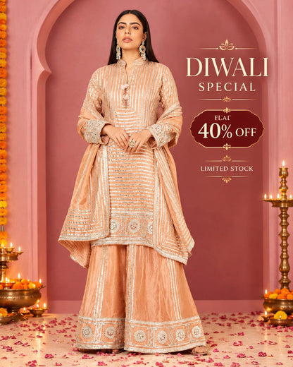 Peach Elegance Gota Patti Embroidered Sharara Set For Women| Diwali Special Offer Flat 40%