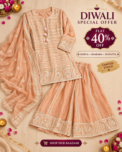 Peach Elegance Gota Patti Embroidered Sharara Set For Women| Diwali Special Offer Flat 40%